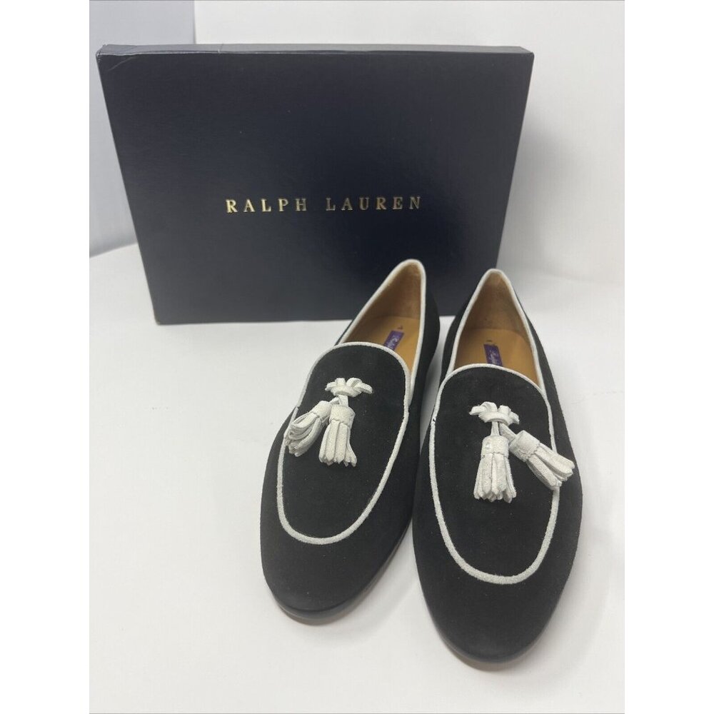 Polo Ralph Lauren Purple Label Black White Tassel Loafer Dress Shoes 37 B 6 1/2 - Picture 1 of 15
